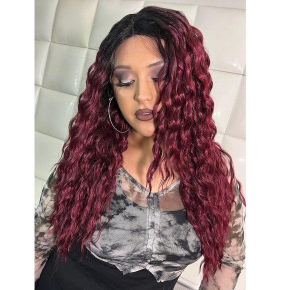 BURGUNDY Lace Front Wig - DARK RED Hair - Long Curly Wig SENSATIONNEL DASHLY - Picture 6 of 11